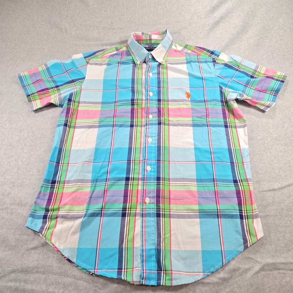 US Polo Assn Mens Plaid Short Sleeve Button Down Shirt Blue Pink Green Medium